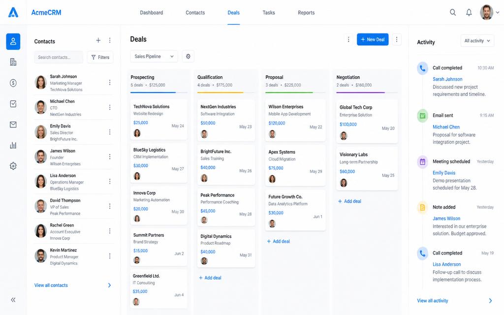 Lightweight CRM template — Contacts, deals pipeline and activity timeline.