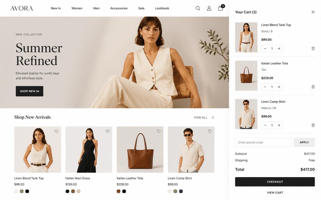 E-commerce storefront template — Product grid, product page, cart drawer and checkout.